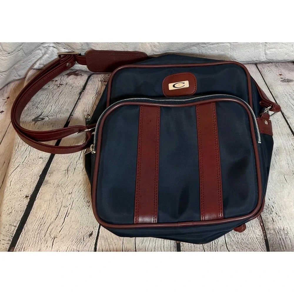 Vintage Navy Blue Nylon Crossbody Bag Brown Trim Adjustable Strap